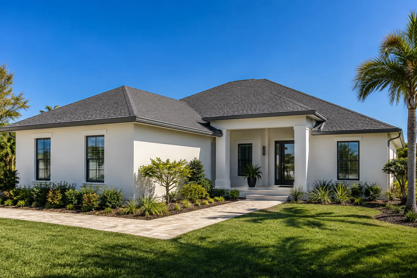 Illustrative white Florida home with a coherent charcoal hip roof and restrained landscaping